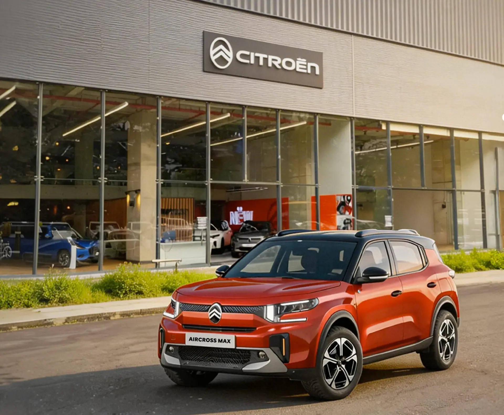 Vitrina Citroën de Ayurauto con un Citroën Aircross MAX naranja al frente