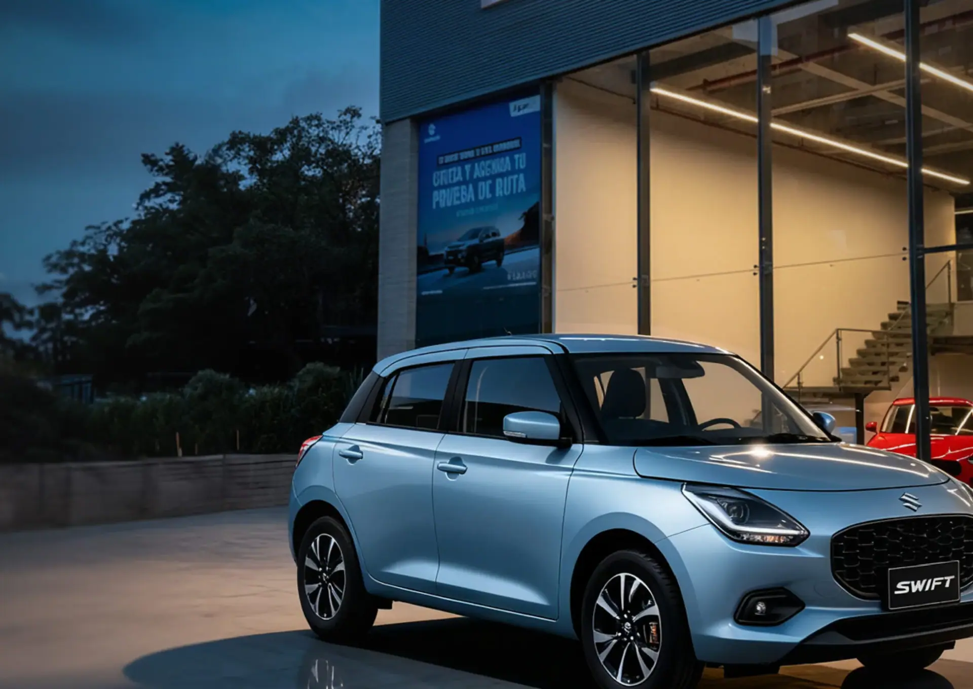 Vitrina Suzuki de Ayurauto al anochecer con un Swift Híbrido azul claro al frente