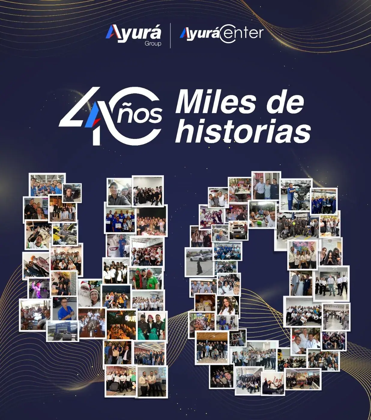 Pieza «40 años, miles de historias» de Ayurá Group y Ayurá Center: el número 40 formado con las fotos del concurso de colaboradores